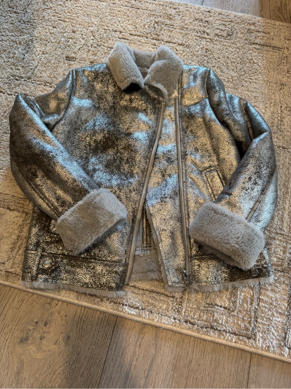 Catimini Metallic Silver Faux Fur Trim Jacket